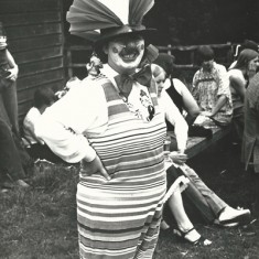 Pam Sparrow as a Clown, at Loony Olympics, fund-raising event.