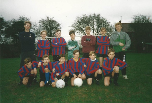 East Meon juniors football team, managed by Jeff  Wheeler.(back row, left) and Martin Cooke (right). Team, left to right, back row, WIlliam Normandale, Adrian Powney, Wayne Harfield, Jason Thorne, Joe North. Front row, Adam Dowlen, Stewart Powney. James Gough,Andrew Blackman Wayne Carter, Sam North.