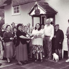 Farewell to Judy Barber, 1995, with Frank and Jenny taking over the sub post. Left to right, Tina Stapley, Diana Chadwick, Monique Aldridge, Jeff Wheeler, Thelma Hoare, Jackie Wilson, Sheila Blowers, Jenny Wheeler, David Blowers, Iris Porter, Judy Barber, Frank Wheeler, Charlie Dowlon, Malcolm Barber.