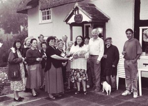 Farewell to Judy Barber, 1995, with Frank and Jenny taking over the sub post. Left to right, Tina Stapley, Diana Chadwick, Monique Aldridge, Jeff Wheeler, Thelma Hoare, Jackie Wilson, Sheila Blowers, Jenny Wheeler, David Blowers, Iris Porter, Judy Barber, Frank Wheeler, Charlie Dowlon, Malcolm Barber.