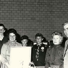 Jenny Wheeler, Jamie Sparrow, Pam Sparrow, Stephen Painter, Eileen Scivier, Bob Scivier on his retirement as village P.C.