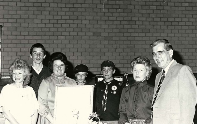 Jenny Wheeler, Jamie Sparrow, Pam Sparrow, Stephen Painter, Eileen Scivier, Bob Scivier on his retirement as village P.C.