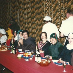 Mediaeval Banquet, fundraising for Village Hall. R to L, Terry Bell, Kim Bell (pregnant nun) Eddie Goldfinch, Sheila Goldfinch (lodgers) Peter and Margaret Davies. Held in the barn at Duncombe Farm