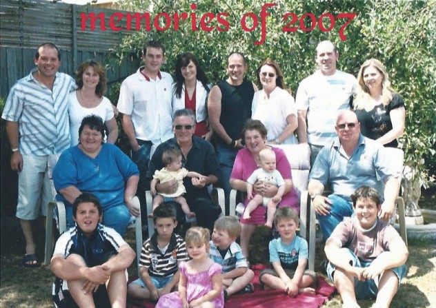 The Sparrow family in Australia, 2007. Left to right, back row, Pam’s eldest son Jonathan Sparrow and wife Katrina, grandson Sam and wife Carley, youngest son Jason and wife Renelle, middle son Jamie and wife Sarah. Middle row, daughter Kim, husband John with grandaughter Abby, Pam with grandson Riley,  Kim’s husband Terry. Bottom row, grandsons Joshua & Zac, granddaughter Holly, grandsons Owen, Ethan, Joseph.