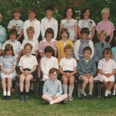 School group, c1984. Back row left to right. Mrs Ann Judson, Oliver Lewis, Delia ?, Nicholas Aldridge , Gemma Reynolds, Hazel Barber, James Challen, Rev Peter Wadsworth. Middle row, Michelle Poulton, Robert Hart, Daniel Muggeridge, Lisa Kitcher, Holly Challen, Donna Mayall, Jeffrey Wheeler, Katharine Adams, Front row Shelley Boisclair, Nicholas Tubb, Sarah Parsons, Ian Powney, Mark Vidler, Catherine Nash, Glen Richardson. 