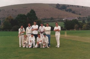 East Meon Cricket team against Park Hill. Left to right, back row, George Bartlett, Rob Thorne, n.k., Gus Coles, Martin James, n.k, front row, Martin Coooke,n.k., n.k., Donald Eames