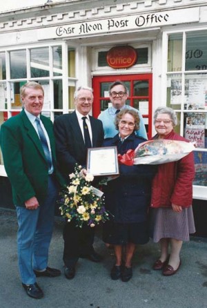 Farewell to Mrs Phillips, outside Old Post Office. Left to right, Colin Greatham, PO offficial John Emptage, behind Mrs  Phillips, Iris Porter,