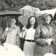 Church fete in rain, left to right: Audrey Street, Mrs Fisher, Bridget Reynolds, Betty May, Rosemary Ryder