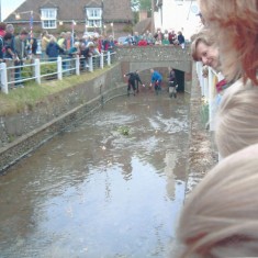 The finish of the duck race.