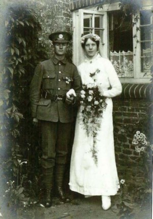 Edward Bone in army uniform and Alice May in wedding dress. The wedding took place on 28th August 1915 at Liss.