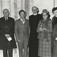 Farewell to Rev Rodney Smith, 1981. L to R, Sir William Douglas Home, Sir Lynton White, Dick Berry, Rev Smith, Mr Smith, from Langrish - Rosemary Ripper, Gladys Deadman 