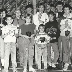 Junior snooker. Junior snooker. Back row, L to R Suzanne Searle, ?, Kevin Searle, Marcus Knight, Stuart Knight, Stephen Painter, Simon Marden, Matthew Eames. Front, Matthew Jones, Catherine Ablett, Katherine Nash, Jolene Sims, Marc Aldridge, Antony Eames