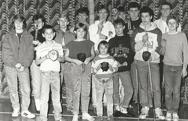 Junior snooker. Back row, L to R Suzanne Searle, ?, Kevin Searle, Marcus Knight, Stuart Knight, Stephen Painter, Simon Marden, Matthew Eames. Front, Matthew Jones, Catherine Ablett, Katherine Nash, Jolene Sims, Marc Aldridge, Antony Eames.