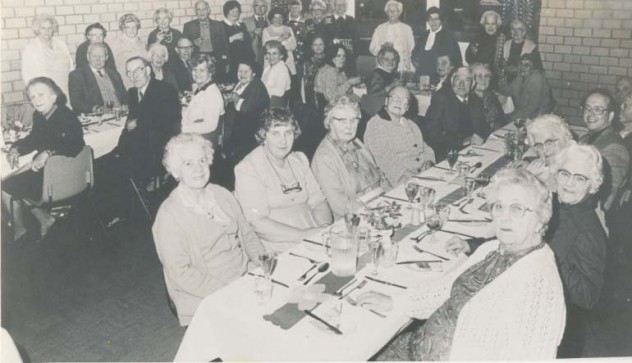 Luncheon Club in VIllage Institute, date unknown.  Kit Tubb, Marion Blackman, Rods Mauback, …. Marjorie Lambert,Thelma Hoare Sylvia Whittear, Daisy & Fred Gibbs, Mrs Tee, Jean Blackman, Kath Adams, Nellie Goddard, Pam Goddard, another, Mrs Porch, Jessie Crockford, Mrs Ivy Blackman