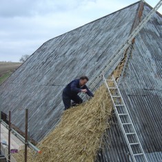 Lyle Morgan thatching WS Lyle Morgan thatching barn at Lower Farm.