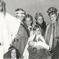 Nativity Play. L to R. Lockyer, Matthew Cooper, ?, Andrew Blackman, Steven Stidolph, North Twin, Becky Powney, front- ?, North twin, Teresa Bleach, Damian Muggeridge 