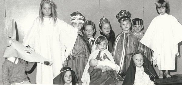 Nativity Play. L to R. Lockyer, Matthew Cooper, ?, Andrew Blackman, Steven Stidolph, North Twin, Becky Powney, front- ?, North twin, Teresa Bleach, Damian Muggeridge 