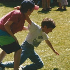 Pair falls in three-legged race 
