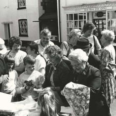 Retirement of Mrs Phillips, post woman. L to R, back row Rev Peter Wadsworth, Shirley Kitcher, Tricia Stephens, Rosemary Ryder, Dot Hickling, Front row, n.k., n.k., Eddy Phillips, Iris Porter, Maude Emptage (mother of John), 