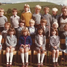 Schoolchildren. Back row, second from left, Ian Whitear. On right, Miss Mackiness. Middle row, second from left, Justin Whitear. Middle front, Deborah Neale, next to her, Amanda Cobb. 