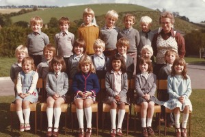 Schoolchildren in group Schoolchildren. Back row, second from left, Ian Whitear. On right, Miss Mackiness. Middle row, second from left, Justin Whitear. Middle front, Deborah Neale, next to her, Amanda Cobb.