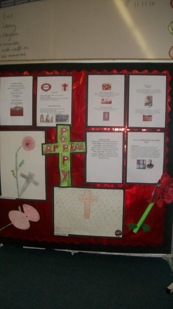 Board including cross Display on notice board of research into East Meon's WWI dead.