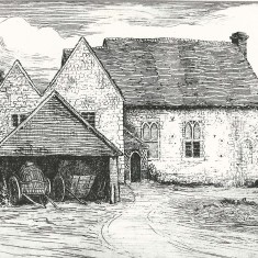 Court Farm etched by Robert Brydon in 1905, before Morley Horder bought The Court House and restored the Hall to its mediaeval splendour