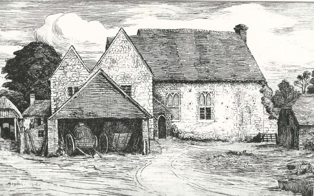 Court Farm etched by Robert Brydon in 1905, before Morley Horder bought The Court House and restored the Hall to its mediaeval splendour