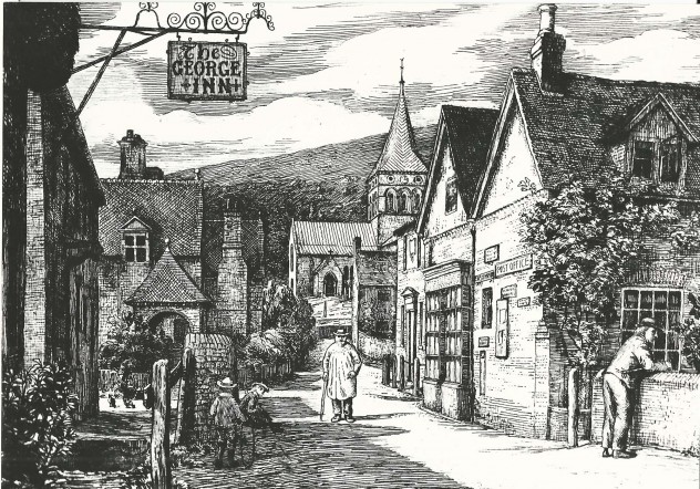 Robert Brydon's etching of Church Street, including the Post Office, All Saints Church and  The George Inn . 1905 | Robert Bryden