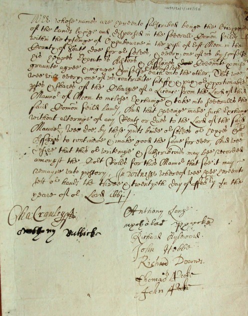 We whose names .. with signatures inclluding Charles Cranley, Anthony Long, John Hobbs, Richard Downs, Thomas Acock, others 