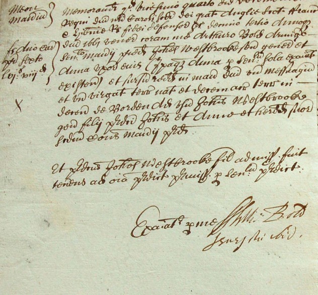 Meon Manor, memorandum signed with X, witnessed by William Bold