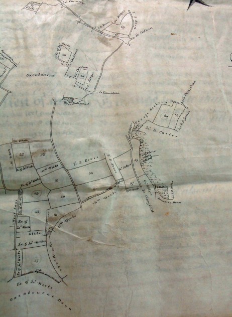Map showing Oxenbourne, Fishponds, West Lane, allottees include William White, executors of James Weeks, William Weeks,  T.B.Rowse, George Hellyer, Sir R.D.jackson, John Christmas
