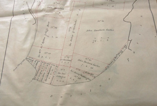 1845 Enclosure map, showing the south end of the area allotted. the main beneficiaries are John Bonham Carter and Sir William Hylton Joliffe.