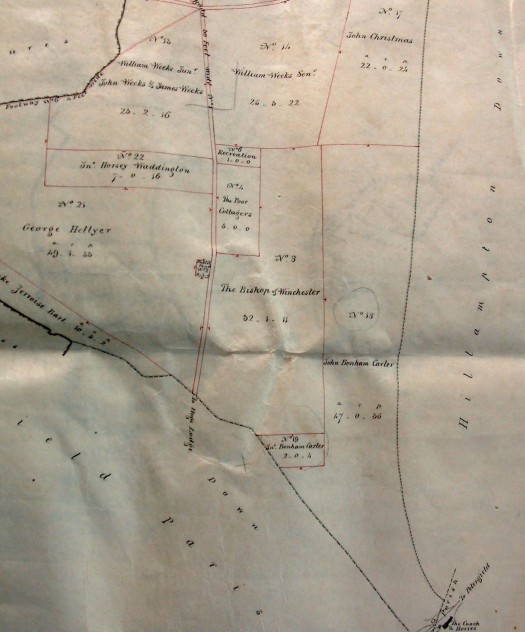 Adjoining Hillhampton Down and Clanfield Parish, awards to William, John and James Weeks, John Horsey Waddington, John Christmas, George Hellyer, Poor Cottagers, The Bishop of Winchester, John Bonham Carter.