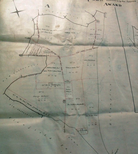 North of Clanfield, and boundaries of 'Old Inclosures'. Allottees include William Weeks Jnr, John, William Weeks Snr, James Weeks, George Hellyer,  John ChristmasT.B.Rowse, Samuel Padwick, John Atkins,  George Gregroy, George Pink, William Mitchell, John Lillywhite, john Horsey Waddington, The Poor Cottagers, Sir Samuel Jervoise Bart.