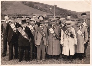 C 1950, Court of Meon Valley Ancient Order of Foresters, George, (Shaver), Cook, (my Fathers Brother), is front row with the lighter coloured Coat. My father, Jack Cook, is looking over his brothers right shoulder. Extreme right, Jack Appleby.  Back row  in front of School, Fred Gibbs and Jack Porter. Herbie Goddard, back row to the left.