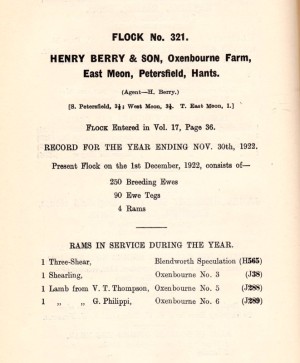 Flock record 1922 of Henry Berry, Oxenbourne Farm 