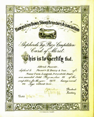 Certificate awarded by the Hampshire Down SheepBreeders Association to Shepherd Alfred Merritt, Shepherd to Henry Berry & Son. 1923.