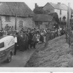 Marching past Riverside 1953 Coronation procession marches past Riverside, 1953. Lodge of Ancient Order of Foresters, Jack Pollard leading, Stuart Pollard on donkey, front row Hack Appleby, Herbie Goddard, Fred Gibbs. Jack Cook near back, wearing cap.