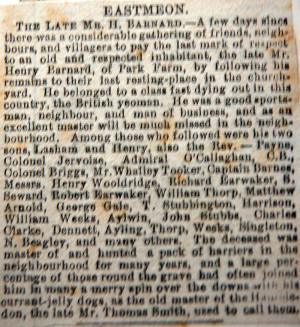 Mr H Barnard obit Obituary of Mr H Barnard, whose funeral was attended by 'Aylwin', christian name not supplied
