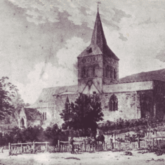 Dramatic sketch pf the church, with the sexton's cottage visible on the right. The road is not metalled and this probably dates to the early 19th century.