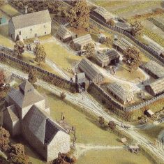 Bayeux model of Court_house Detail of the model of East Meon in Domesday times, showing the curia, or farm headquarters, of The Court House as well as the Saxon hall which preceded the 14th century structure we see today. | Musee de la Tapisserie, Bayeux