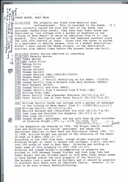 Edward Roberts notes on Tudorr House including list of owners.