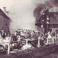 It took an hour for the 'engineers' of Petersfield fire brigade to arrive, and villagers formed a human chain to feed water from the river to the blaze, with ladders on the roof of Potter's General Warehouse.