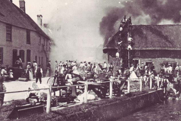 It took an hour for the 'engineers' of Petersfield fire brigade to arrive, and villagers formed a human chain to feed water from the river to the blaze, with ladders on the roof of Potter's General Warehouse.
