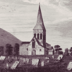 1816  By Barnett & Walters. Gravestones at angles, eaves of Court House at side.