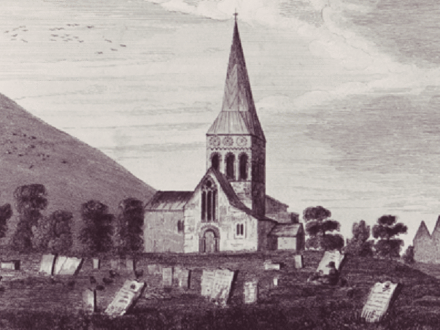 1816  By Barnett & Walters. Gravestones at angles, eaves of Court House at side.