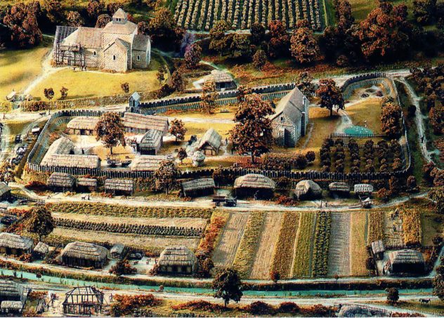 The village as it might have been in 1086, imagined by Elizabeth Lewis and Edward Roberts, now on display in the Musee de la Tapisserie, Bayeux