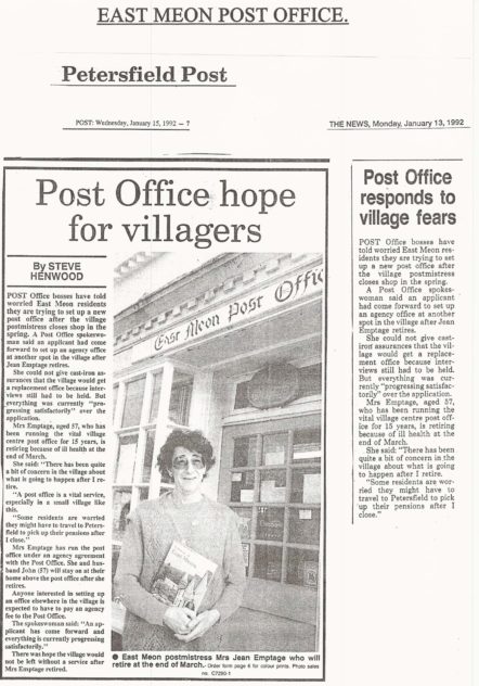 Article from Petersfield Post 1992, photo featuring Jean Emptage, post mistress | John Emptage 