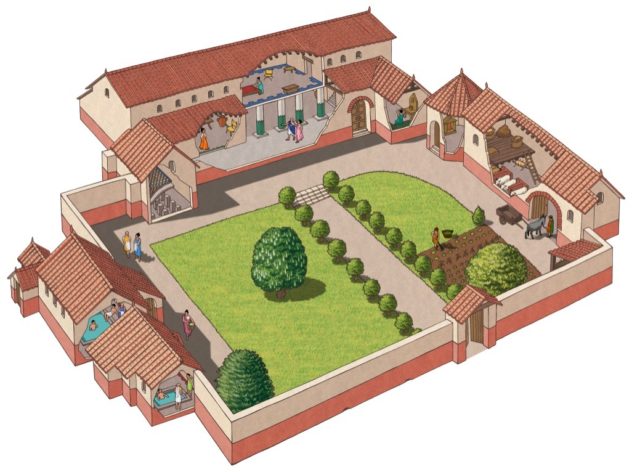 3D recreation of Stroud Roman Villa by Julian Baker. It was first excavated in 1907 and probably the home of a British farmer. Aisled hall and nine rooms in main building, both house to west, animal shelters and hay store to east.  | Julian Baker